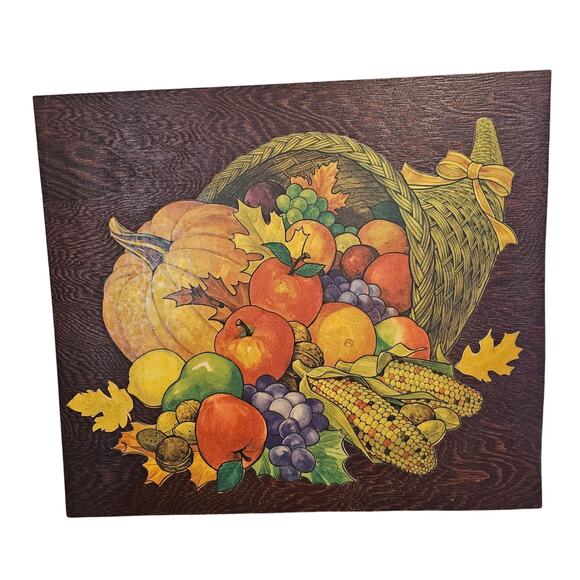 Vintage Cornucopia Wood Panel Picture 16" Thanksgiving Flowers Cottage 80s Fall - Picture 1 of 10